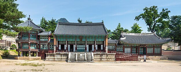 Front view of Jibokjae Hall under blue sky at Gyeongbokgung Palace in Seoul