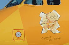 The London 2012 Olympic emblem on the side of a plane G-EUPC16052012LHR (7209399060).jpg