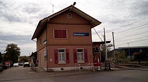 Two-story building with gabled roof