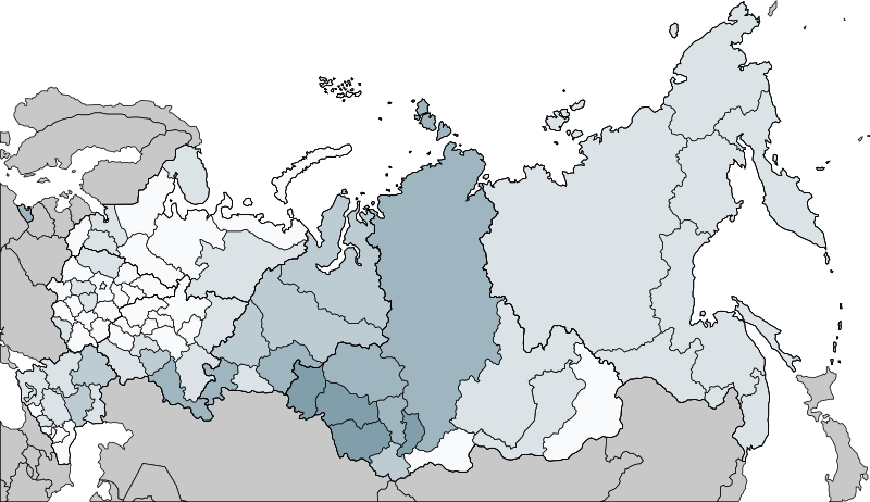 Distribution of Germans in Russia, 2010, demonstrating the higher German presence in the Kaliningrad Oblast compared to other areas in European Russia