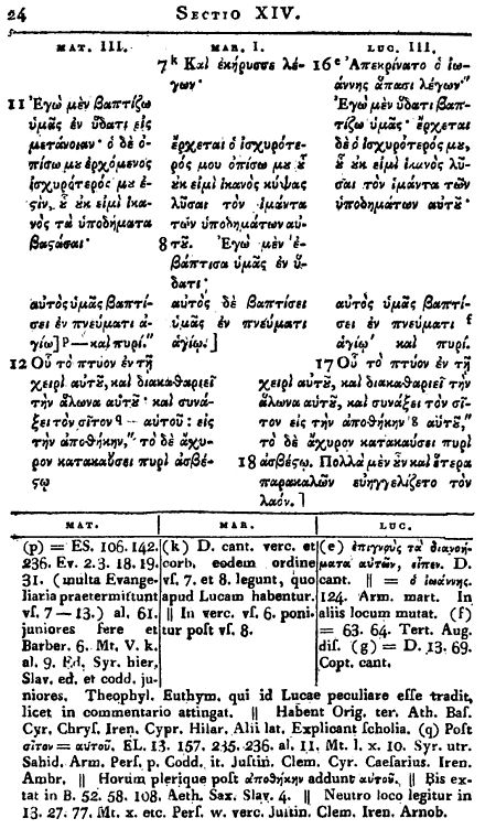 A page of Griesbach's Synopsis Evangeliorum, which presents the texts of the synoptic gospels arranged in columns.