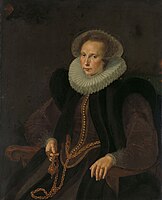 Portrait of Griete Jacobsdr. van Rhijn (1585-1652) . 1605. oil on canvas medium QS:P186,Q296955;P186,Q12321255,P518,Q861259 . 102 × 82 cm (40.1 × 32.2 in). Amsterdam, Rijksmuseum Amsterdam.