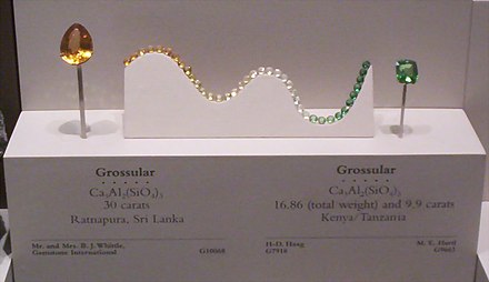 Grossular on display at the U.S. National Museum of Natural History. The green gem at right is a type of grossular known as tsavorite.
