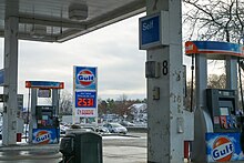 Gulf fuel pumps in Islip, New York, 2019. Gulf Station - 3309 Sunrise Hwy, Islip Terrace, NY 11752 (Quintin Soloviev).jpg