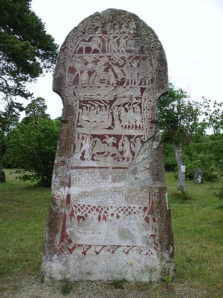 The Stora Hammars I image stone, showing the saga of Hildr, under what may be the rite of blood eagle, and on the bottom a Viking ship