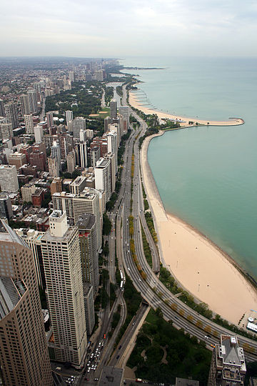 Looking north, Oak Street Beach (bottom right) and North Ave Beach viewed from above