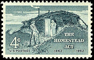 A 1962 stamp commemorating the centennial of the Homestead Act. It used a photograph collected by Fred Hultstrand as the basis for the art. Homestead Act 4c 1962 issue.JPG