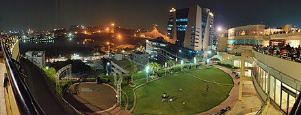 Inorbit Mall, Hyderabad houses a rooftop food-court overlooking the cable-stayed bridge over the Lake Durgamcheruvu.
