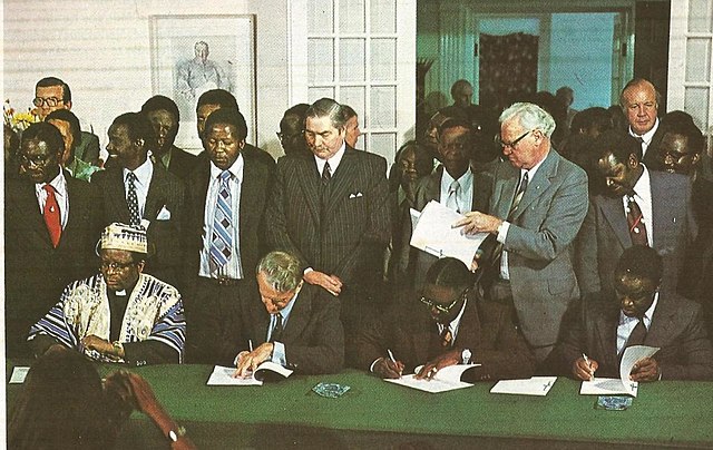 Signing of the Rhodesian Internal Settlement (from left: Bishop Abel Muzorewa, Ian Smith, Jeremiah Chirau and Ndabaningi Sithole)