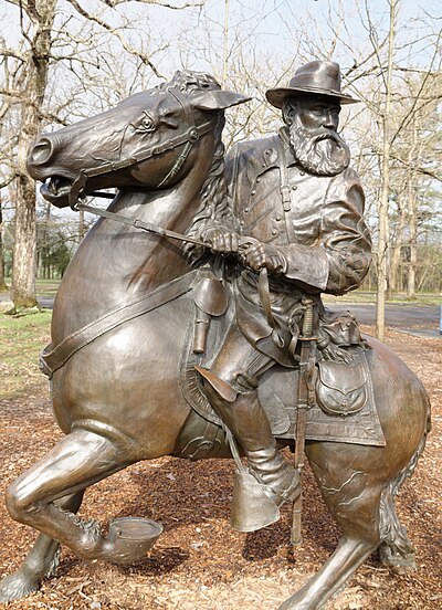 Equestrian statue of General Longstreet on his horse Hero in Pitzer Woods at Gettysburg National Military Park