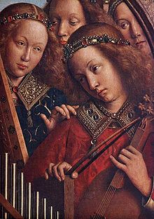 String and wind instruments Jan van Eyck - The Ghent Altarpiece - Angels Playing Music (detail) - WGA07646.jpg