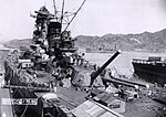 Yamato under construction; the deck is cluttered with building materials