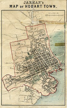 By 1858 Hobart Town had grown to occupy approximately a square mile. Map drawn by local engraver and artist Richard Jarman Jarman's Map of Hobart Town(1858).JPG