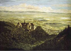 Zámek Jezeří v roce 1882 s Komořanským jezerem v pozadí