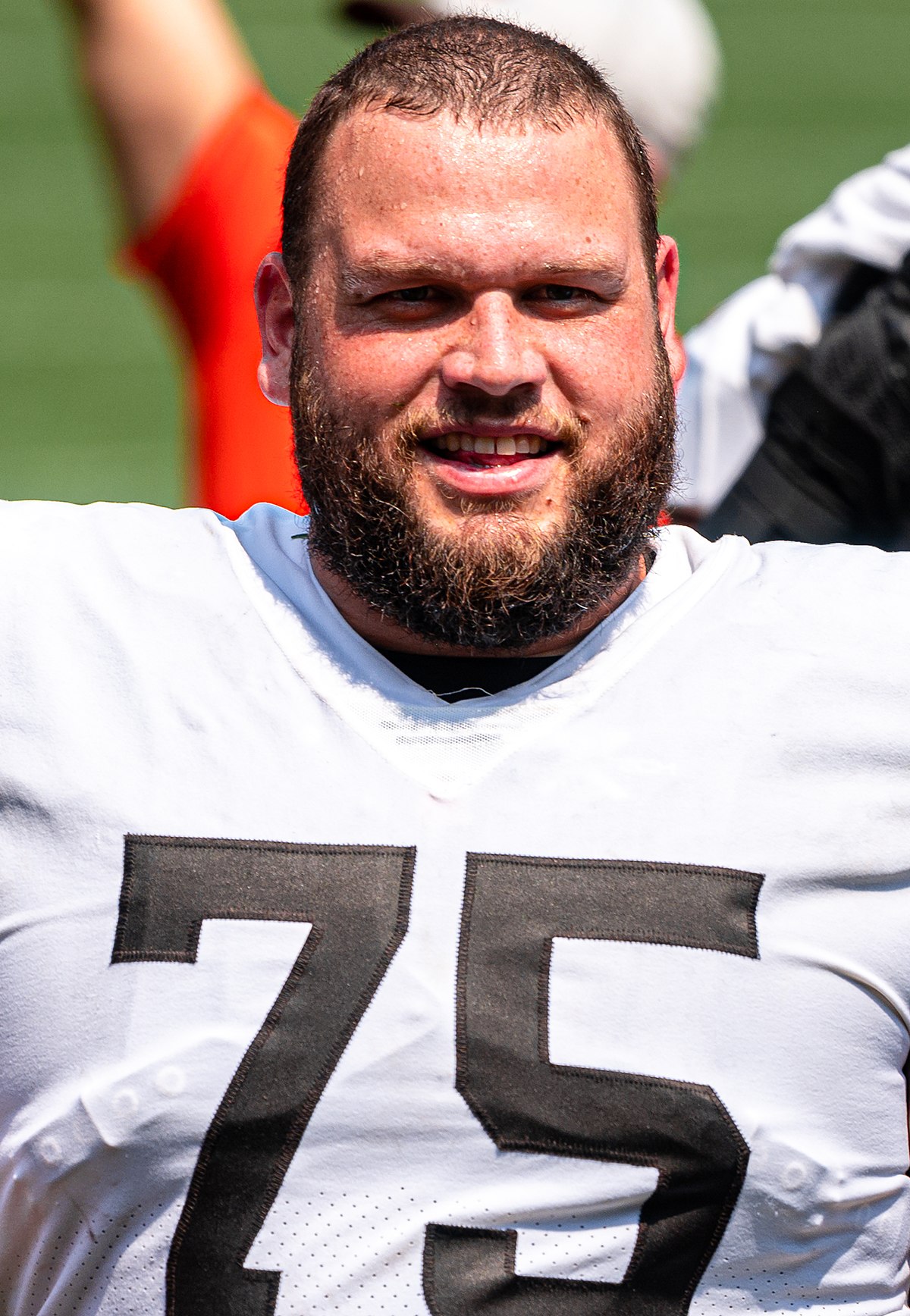 FILE - In this Sunday, Nov. 11, 2018 file photo, Cleveland Browns offensive  tackle Joel Bitonio celebrates after the Browns defeated the Atlanta  Falcons 28-16 in an NFL football game in Cleveland.