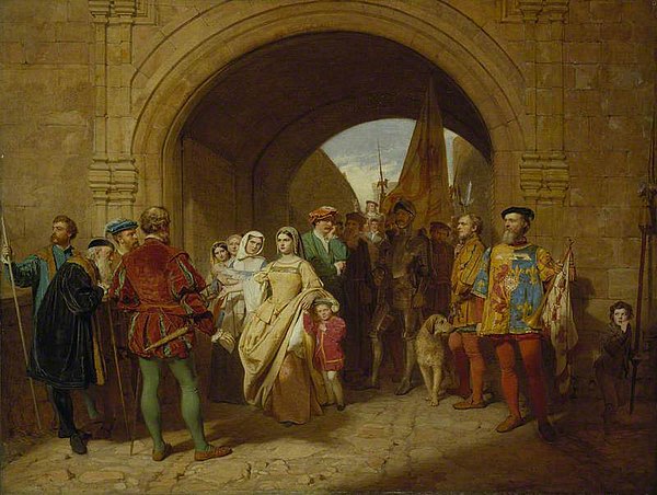 Painting of Margaret, refusing to hand over custody of her sons to John Stewart, Duke of Albany, by John Faed, 1859.