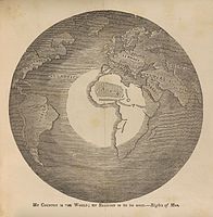 An anti-slavery map with an unusual perspective centered on West Africa, which is in the light, and contrasting the Americas and Europe in the dark. By Julius Rubens Ames, 1847.
