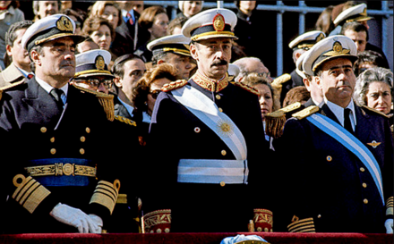 Admiral Emilio Massera, Lieutenant General Jorge Videla and Brigadier General Orlando Agosti (from left to right) – observing the Independence Day military parade on Avenida del Libertador, 9 July 1978