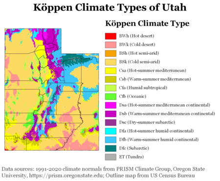 Koppen climate types of Utah, using 1991-2020 climate normals. Koppen Climate Types Utah.png