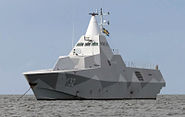 HMS Helsingborg, one of the Swedish Navy's Visby-class corvettes employs both visual camouflage and anti-radar stealth.