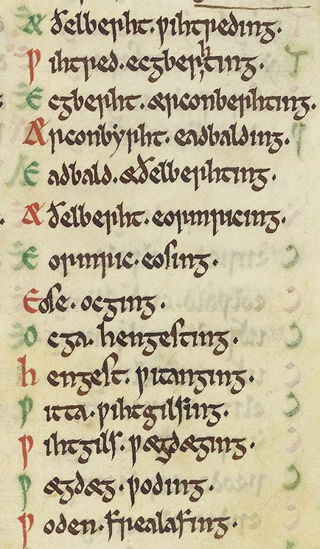 L'ascendance d'Æthelberht II dans le Textus Roffensis, un manuscrit du xiie siècle qui comprend l'une des quatre recensions de l'« Anglian collection ».