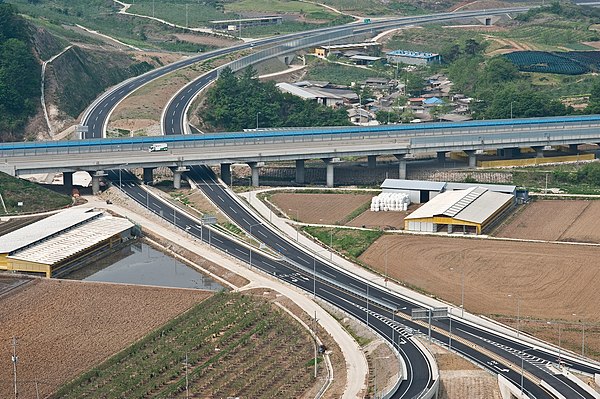 National Route 3 overpassing Jungbu Naeryuk Expressway at Goesan County