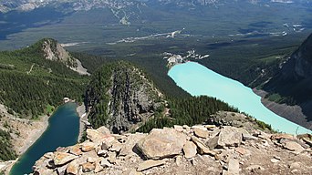 Lake Louise and Lake Agnes as seen from Devils Thumb