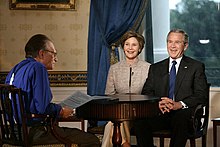 King interviewing President George W. Bush and First Lady Laura Bush in 2006