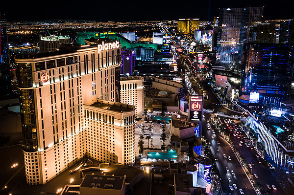 An aerial view of Las Vegas Boulevard as seen from atop Paris Las Vegas in 2012