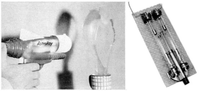 Ruby laser pistol constructed by Stanford Univ. physics professor in 1964 to demonstrate the laser to his classes. The plastic body recycled from a to
