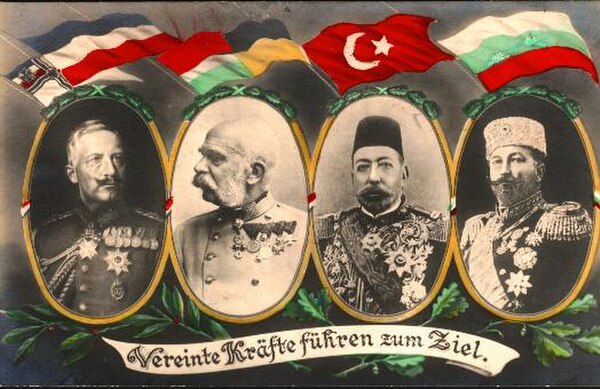 Leaders of the Central Powers (left to right): Kaiser Wilhelm II of Germany; Kaiser and King Franz Joseph of Austria-Hungary; Sultan Mehmed V of the O