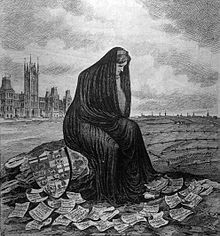 Editorial cartoon from Quebec's L'opinion publique in 1874: "A Country's Remorse". The accompanying text says, "Canada mourns her sins; she is right, remorse is healthy; all these electoral court challenges have revealed a series of facts which, in the eyes of the foreigner, demeans and humiliates Canada. Hope for a better future." Les remords de la patrie.jpg