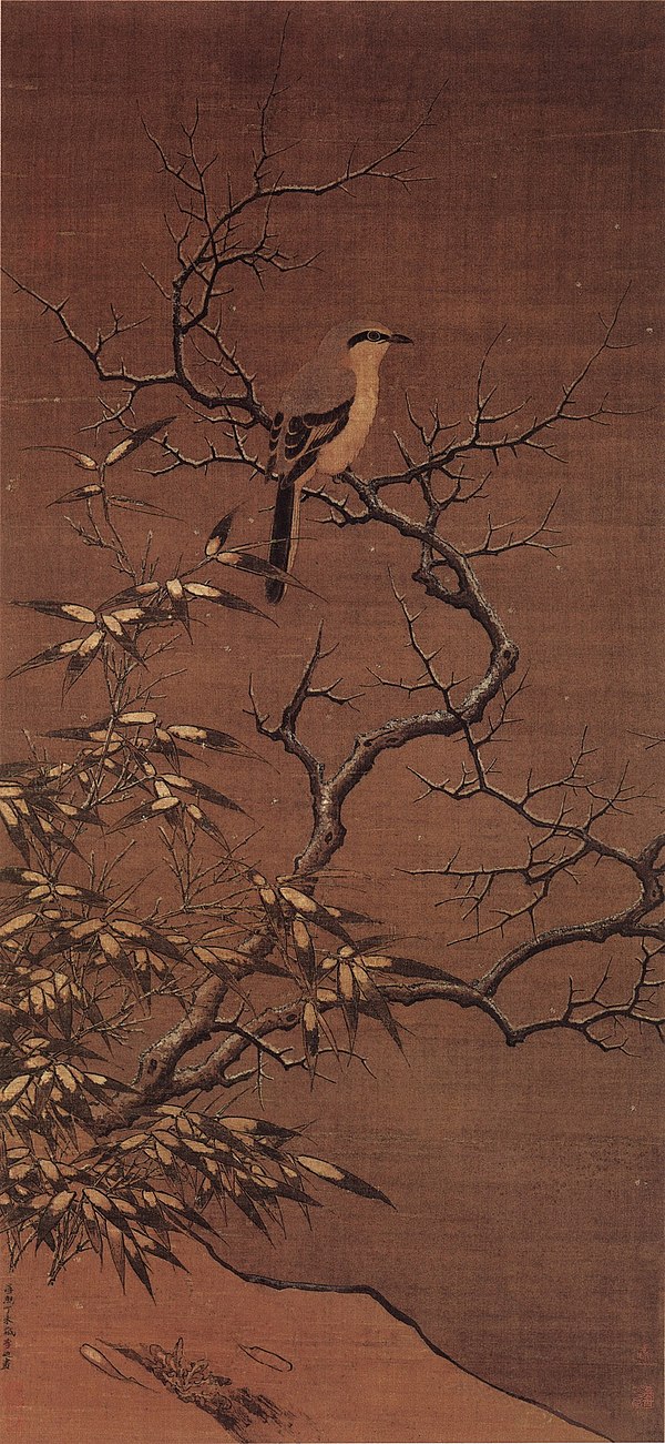 Shrike on a Winter Tree, silk painting by Li Di (李迪). China, Song dynasty, 1187 AD