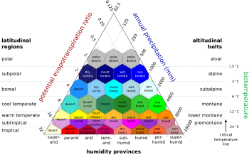 Holdridge life zones model relationships between vegetation type, moisture availability and temperature.