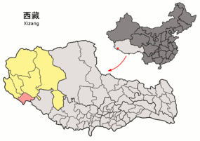 Burangs läge i Ngari, Tibet, Kina.