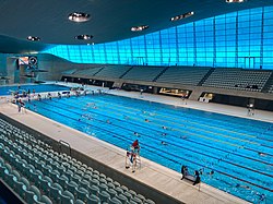 Interior view of The Aquatics Centre after the games, without the temporary wings. London Aquatics Centre 2023.jpg