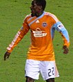 Houston Dynamo midfielder Lovel Palmer at an away game against the San Jose Earthquakes at Buck Shaw Stadium in Santa Clara.