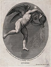 Lucifer (the morning star) represented as a winged child pouring light from a jar. Engraving by G. H. Frezza, 1704. Lucifer (the morning star). Engraving by G.H. Frezza, 1704, Wellcome V0035916.jpg