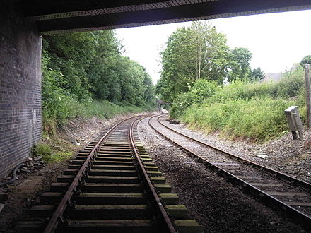 Partially restored double-track section south of Wymondham Abbey, Norfolk, UK on the Mid-Norfolk Railway