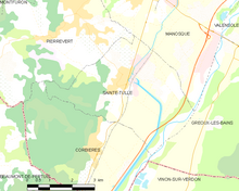 Mapa elementar mostrando os limites do município, municípios vizinhos, zonas de vegetação e estradas