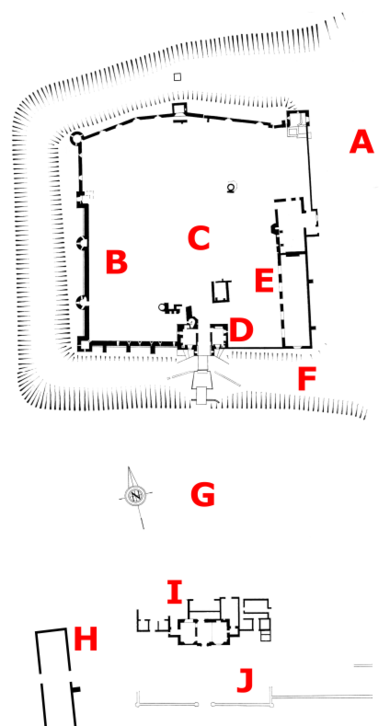 Plan of the castle; A - mere; B - site of courtyard house; C - inner court; D - inner gatehouse; E - long building; F - moat; G - outer court; H - barn; I - outer gatehouse; J - outermost court Map of Baconsthorpe Castle.png