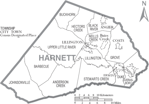 Map of Harnett County, North Carolina With Municipal and Township Labels