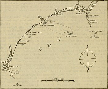 Map of Crystal Coast. The Crystal Coast extends southwestward from Cape Lookout to the New River Inlet. Map of Onslow Bay North Carolina.jpg