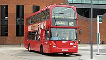 Scania OmniDekka in Transport for London red livery on route 405 at Redhill in June 2009 Metrobus 948 YN07 EXG.JPG