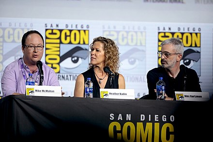 (L-R) Creator and showrunner Mike McMahan promoting Lower Decks at the 2019 San Diego Comic-Con with executive producers Heather Kadin and Alex Kurtzman
