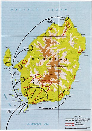 Une carte topographique de Morotai montrant les débarquements américains en Septembre, le périmètre allié au sud-ouest de l'île, les concentrations de forces japonaises et leurs mouvements à la retraite.