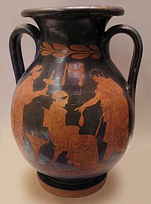 An Ancient Greek urn depicts a prostitute and her client. NAMA Courtisane & client.jpg