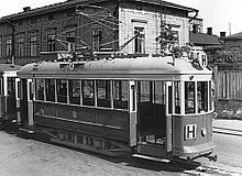 NWF/AEG tram no. 118 on line H in Helsinki, 1951. NWF AEG tram 118 Helsinki.jpg