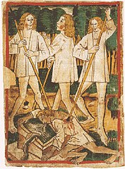 Picture of Siegfrieds assassination in the Nibelungenlied-manuscript k (1480–90)