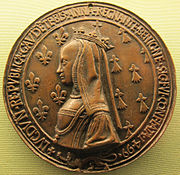 Medal of Queen Anne made in celebration of her stay at Lyon in 1499. Nicolas leclerc, jean de saint-priest (dis) e jean e louis lepere, carlo VIII e anna di bretagna visitano lione 1499.JPG